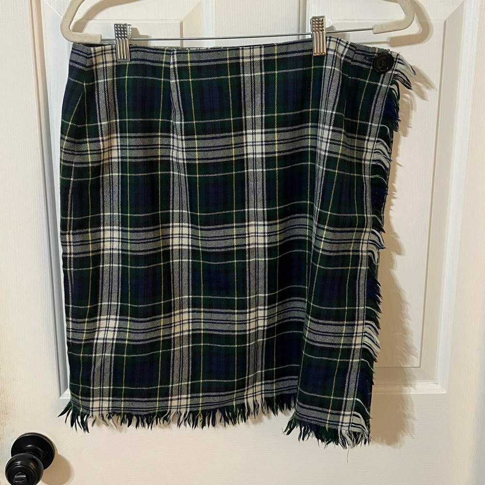 Vtg Women’s Blue Green Tartan Plaid Fringe Wrap Skirt Kilt Sz16 Wool Made in USA
